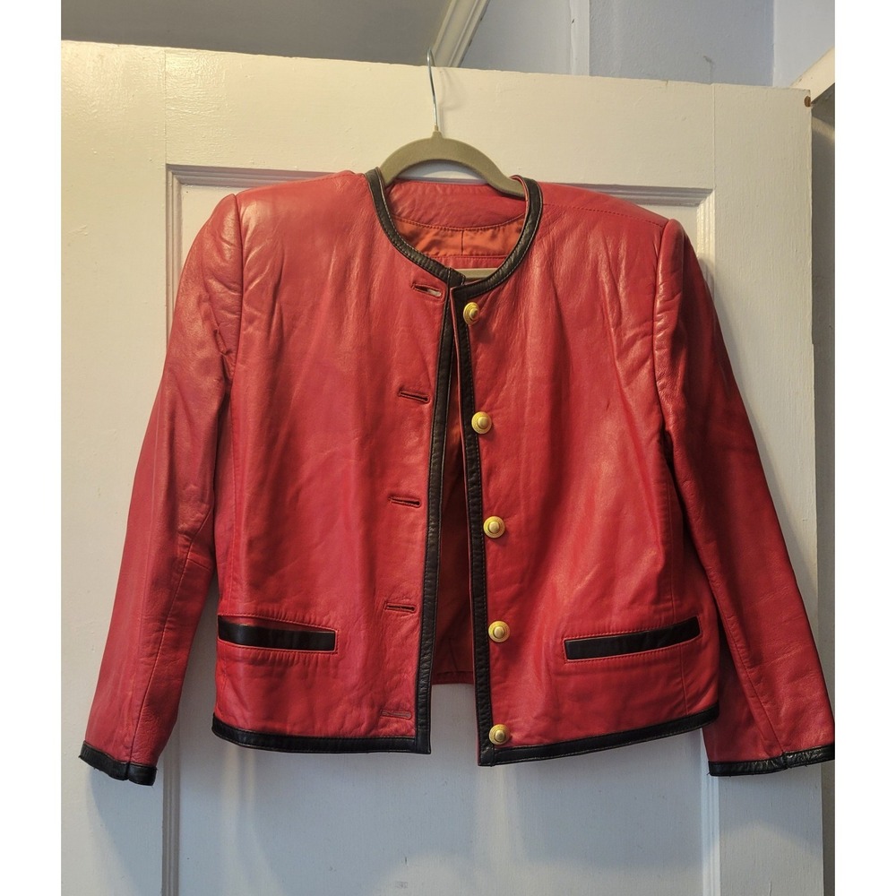 Vintage 80's Lord And Taylor, Genuine Red Leather w black trim and gold buttons